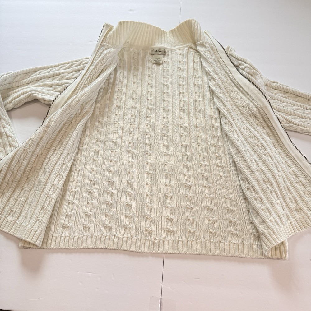 LL Bean Ivory Mock Neck Full Zip Cable Cotton Cardigan Sweater Size LARGE - Picture 5 of 9